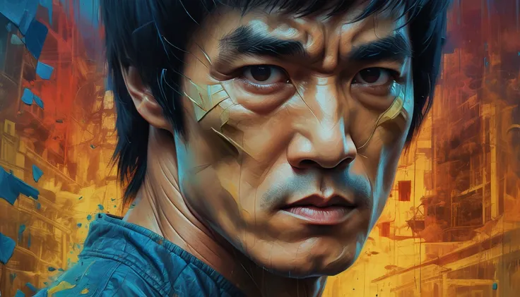 oil painting of  Bruce Lee facing camera holding a foothall, wearing NFL Raiders Jersey, blue jeans, in style of Jeremy Mann, greg rutkowski,  double exposure,   intricate artwork masterpiece, ominous, matte painting movie poster, golden ratio, trending on...