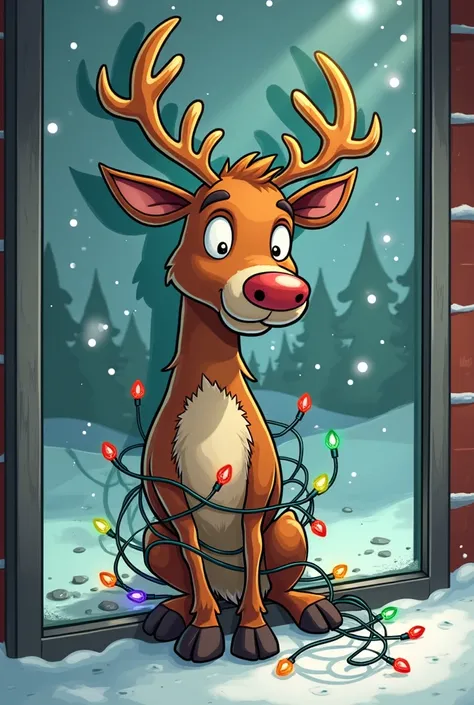 Cartoon of a crashed reindeer against a glass with Christmas lights entangled in its body and with a serious face,  looking straight ahead . with his belly and all four legs against the glass seen from the other side of the glass  