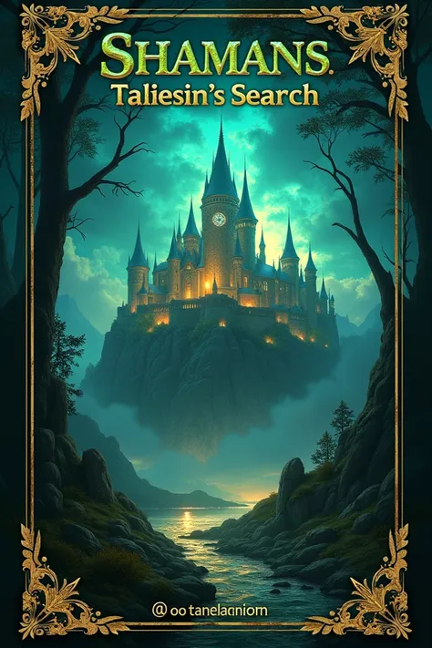  A book with a beautiful cover with a castle illuminated in the background, with the title Shamans . Taliesins search in Brazilian Portuguese in letters in the color green with a gold frame,  that was on the top of the cover .