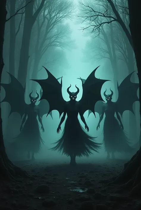 "In a dark, dense forest where the light is swallowed by the shadows, a circle of demons dances silently. Their eyes are glowing white, filled with an ominous, haunting light. Their movements are graceful yet chilling, each step sending waves of fear into ...