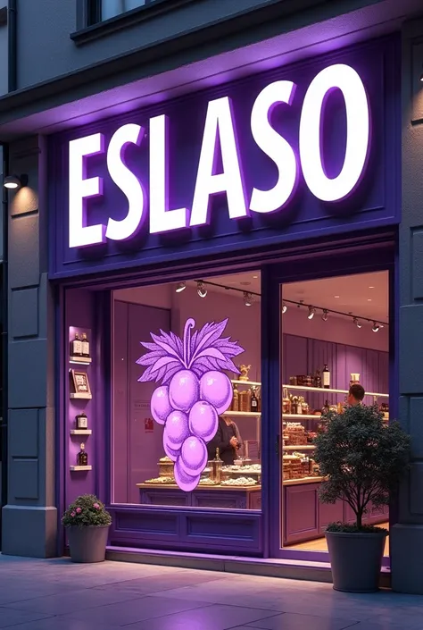 Physical store in white and purple that puts ESLASO in large size as if it were the name of the store with a window that has a grape drawn