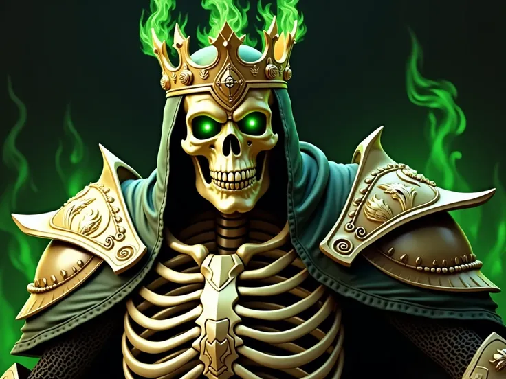 The skeleton of a golden king who wears a knights outfit and eyes with green flames And green fire is burning from his eyes And the crown has a razor blade