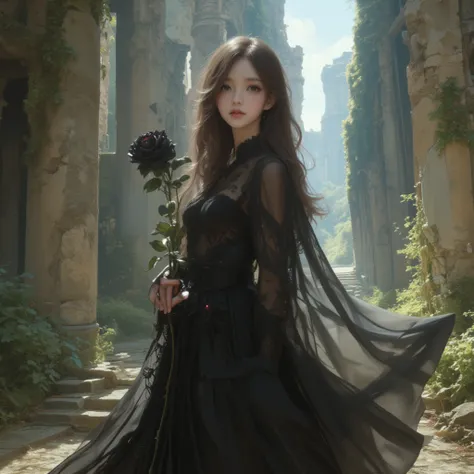 sprit of the wind,by Bastien Lecouffe, A delicate illustration of a young asian woman with lonh wavy, ash-brown hair and striking eyes, standing gracefully amidst ancient ruins. She is dressed in a flowing black dress with semi-transparent sleeves, intrica...