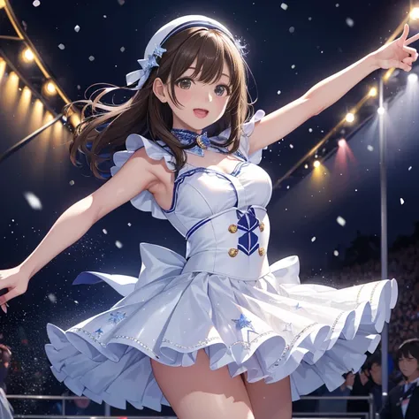 UHD, anatomically correct, super detail, best quality, 8k、 special stage at night pedestrian heaven、One person、 18-year-old idol singer 、 Koyuki is dancing 、 Christmas-like white costume 、Sing happily、Love Live!「Snow halation」PV 、Passersby々Silhouette of