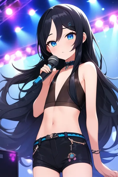 (( top quality)), ((  Masterpiece )), (  Details)
(((BLACK long hair BLUE inner hair)))
blue eyes
(((flat chest)))
Front cover
club with live music
IDOL