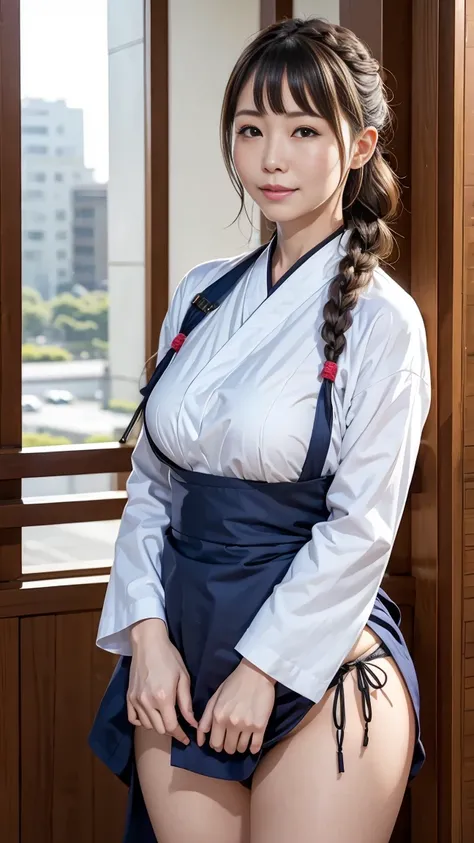 1 woman,leg,a girl at building,(((building))), Braid Bangs,Braided Braid ,(Alone:1.2),apron, thick thighs , Side-Tie Panties,  gakuran, , watching viewers, Sunshine,Hanfu,