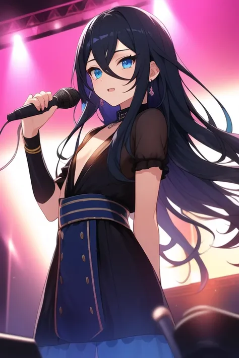 (( top quality)), ((  Masterpiece )), (  Details)
(((BLACK long hair BLUE inner hair)))
blue eyes
Highlight off eyes
(((flat chest)))
Front cover
club with live music
IDOL