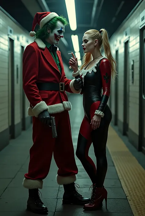 Cinematic image portrait of the Joker dressed as Santa Claus and is with Harley Quinn dressed as Mother Claus he has a gun in his hand and smoking a cigarette and the two are together at the subway station