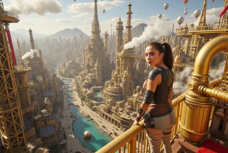 Image of a girl in Madmax-style leather clothing watching from a balcony a complex steampunk city, an immense village in the color of gold and polished copper, shiny and reflective, complex steampunk style with houses and houses and houses and long and wid...