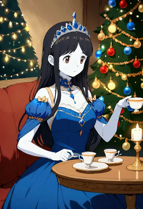 Create a woman with long black hair, white skin and brown eyes, wearing a sapphire blue princess dress and a diamond tiara, sitting drinking a cup of tea. In the background there should be a white Christmas tree with lights, it should have blue balls and b...