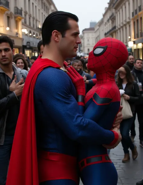 In a chaotic street scene, a buff man in a superman costume (think movie version of Superman-black undercut, blue tights and red cape and red boots and red briefs)  This is the wedding of Superman in St .  St Peters Cathedral .  Spider-Man 30 years -old we...