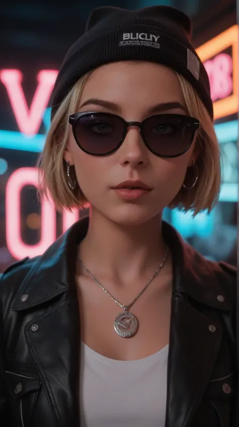 score_9, score_8_up, score_7_up, face close up, alternative girl, watching over black sunglasses, jacket, necklace, neon light reflections on skin, ear ring, makeup, skin imperfection, short hair, beanie, neon lights background, low light, depth of field, ...