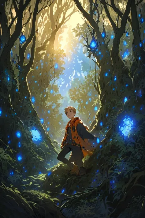 "A man, Lucas, walking through a dense forest at dawn. The light filters through the trees, creating a mysterious atmosphere. He discovers a glowing, rare blue stone half-buried under the roots of an ancient tree. The stone radiates an intense, magical glo...