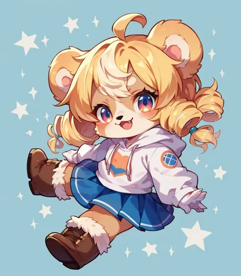 Chibi anime style character (Girl with blue bear hoodie) (curly fluffy blonde hair) (white furry boots) (blue skirt) (white sweater) (furry gloves)(human)