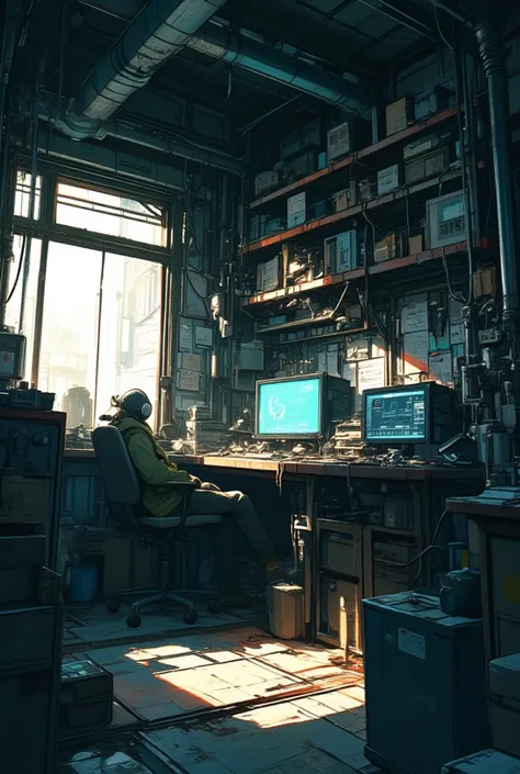 There is a room with a desk., shelf, There are also chairs.,  Background Art , cyberpunk setting,  sci-fi room ,  cyberpunk vibe,   like a cyberpunk workshop,  Cyberpunk Basement ,  cyberpunk vibe,  cyberpunk interior , Mysterious Laboratory,  cyberpunk ar...