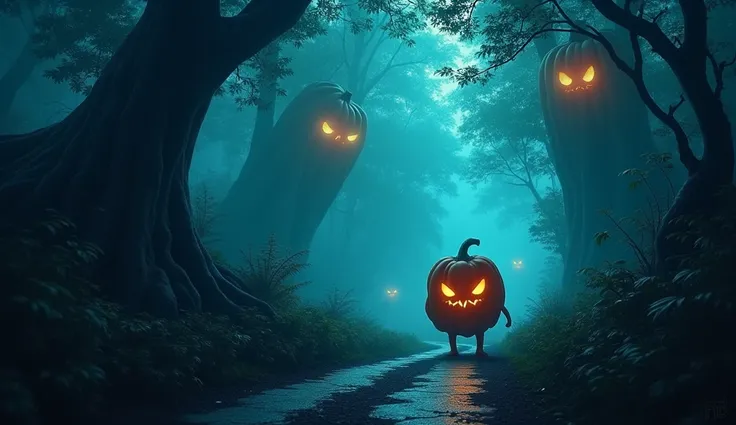 Please Generate the image in a blue horror jungle with silence road and pumpkit with the trees and eyes of pumpkin glowing