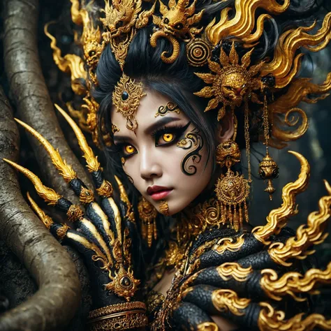 magical fantasy art an exaggerated of a young thai woman with golden elaborately decorated on her face with black and yellow hair like a flaming octopus, his hands are like monsters, and beautiful and intricate gold jewelry and headdress. her eyes are burn...