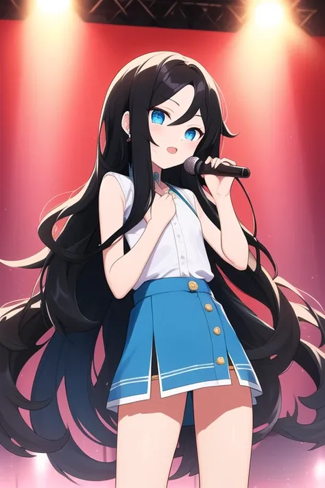 (( top quality)), ((  Masterpiece )), (  Details)
(((BLACK long hair BLUE inner hair)))
blue eyes
Highlight off eyes
(((flat chest)))
Front cover
club with live music
IDOL
SkyBLUE Micro mini skirt
White shirt