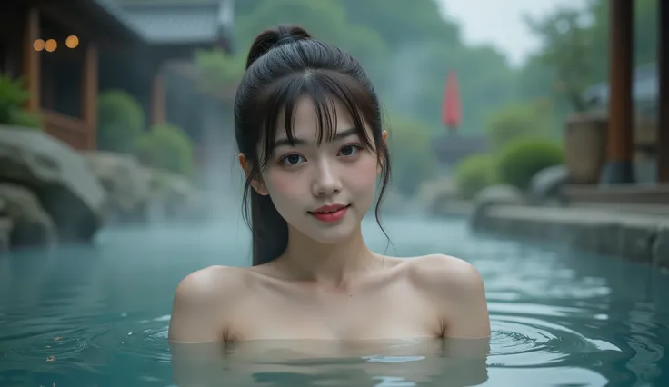 (night:1.7), oriental architecture, 1 woman, ((hot spring, onsen:1.4)), moist skin, ((fog:2.1)), (steam rising:1.8), glowing skin, glossy skin, ((partially submerged in hot spring:1.4)), some cleavage is visible. (towel:1.2) , perfect eyes,perfect face,（sm...