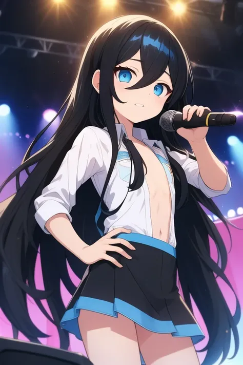 (( top quality)), ((  Masterpiece )), (  Details)
(((BLACK long hair BLUE inner hair)))
blue eyes
Highlight off eyes
(((flat chest)))
Front cover
club with live music
IDOL
SkyBLUE Micro mini skirt
White shirt