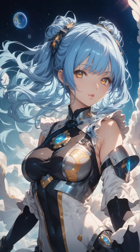 front view straight body pose, A mysterious anime girl with chin-length blue hair and glowing amber eyes, 
dressed in a dark, black and silver space suit with reflective shoulder 
plates and intricate designs. 
She stands with her hands behind her back, ga...