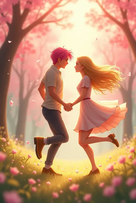 A beautiful girl with long wavy hair the color of the sun ran to meet her sakura-haired man who loved her more than life