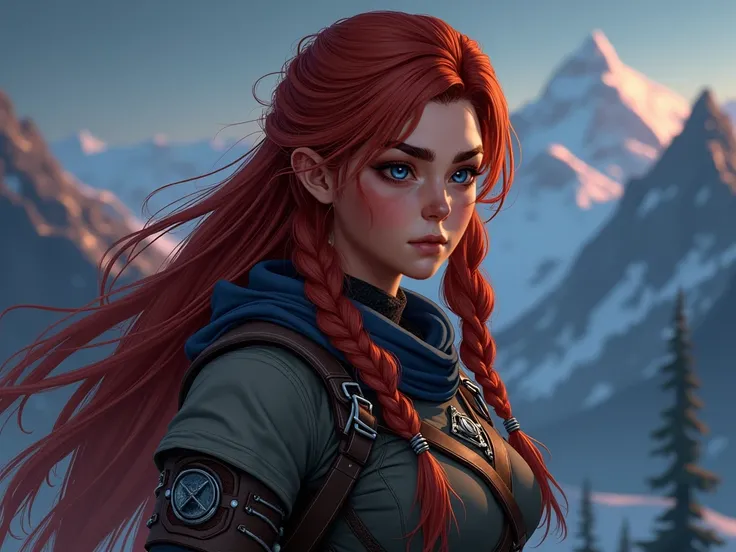 (A woman),(Aloy:1.5),(((Horizon Zero Dawn:1.5))),((Nora Hunting gear:1.5)),((standing bravely:1.5)),(Serious:1.5),(long red hair:1.5),(very detailed beautiful face:1.5),(((slight braided Hair:1.5))),(beautiful eyes:1.3),(Very detailedな顔:1.5),((Very detaile...