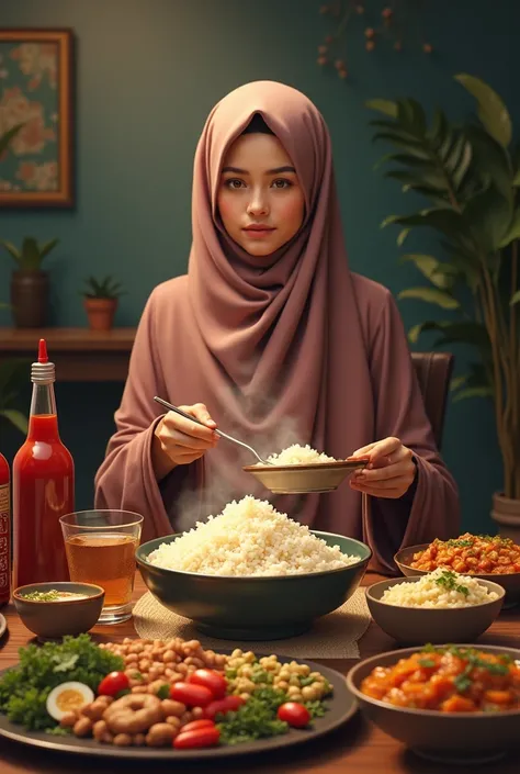  A woman in hijab eating rice,  lots of side dishes and vegetables ,  there are bottles of chili ,glass of water , 