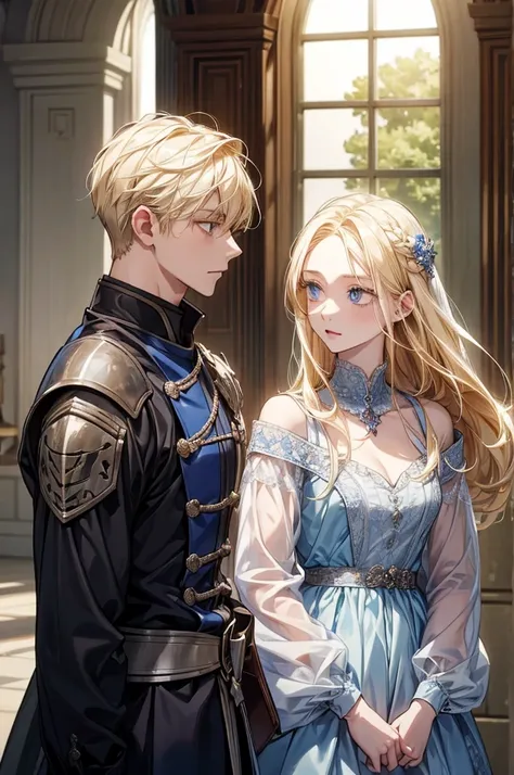 a young man with blonde hair. her eyes are as blue  and her skin is as white. he wears casual knight clothes. Stop putting a girl with him, his alone