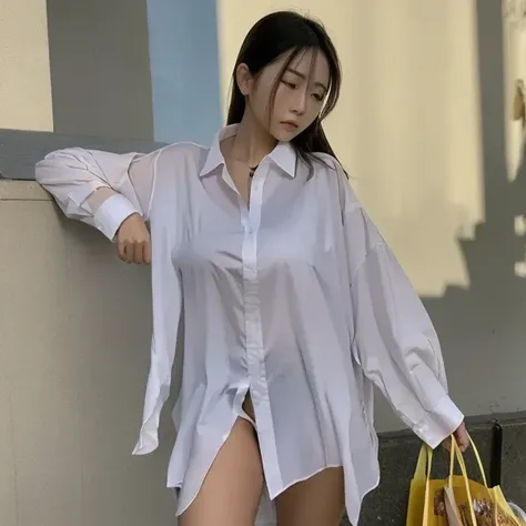 Beautiful Asian woman, ((Big breasts)) wearing a long-sleeved white oversized shirt with front collar, ((bottom of the shirt tucked into the skirt)), standing collar, shirt with 1 pocket on the chest, ((transparent whirt)) ((oversized white shirt)), (nippl...