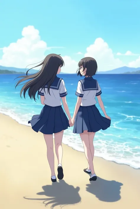 Two Japanese female students walking along the beach with the sound of the waves in the background, in Hokkaido, Japan, for a computer wallpaper. Realistic image.