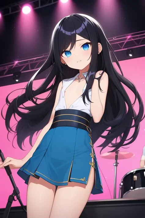 (( top quality)), ((  Masterpiece )), (  Details)
(((BLACK long hair BLUE inner hair)))
blue eyes
Highlight off eyes
(((flat chest)))
Front cover
club with live music
IDOL
SkyBLUE front slit Micro mini skirt 
White shirt
slender