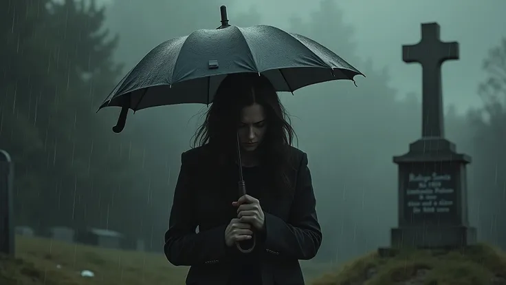 A hyper-realistic image of a woman, walking through a rainy graveyard, wearing a long black coat and holding an umbrella. Her face is pale and sorrowful, her dark hair damp from the drizzle. A gravestone behind her bears the name Rodrigo Sanchez. The atmos...