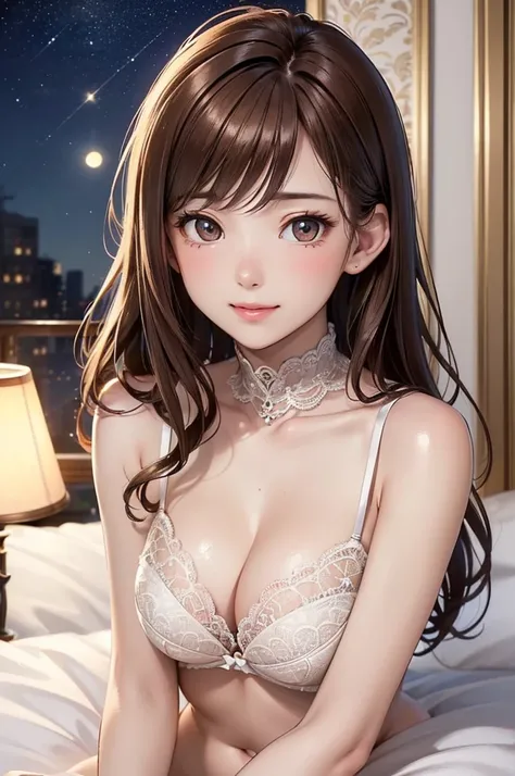 ( Best Quality , high definition ,8k,inelity detailed background, Masterpiece:1.2), pretty girl,(1 girl:1.5),Big Breasts,(Shiny brown hair:1.3),long hair, messy hair,  beautiful brown eyes,BRAKE,A set of lingerie featuring intricate lace detailing. (The br...