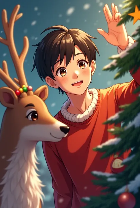  Young man anime ,with beard,  short hair  , Christmas clothes , reindeer and Christmas tree 