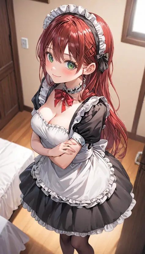  top quality,２d, 1 girl,Age 19,slender, white skin, long hair,hair colored like red wine,Layered Haircut,dark green eye,smile,Look up,shy,Red cheeks,medium breast, French maid, full body, standing, hand on own breasts, from above, look at viewer, looking u...