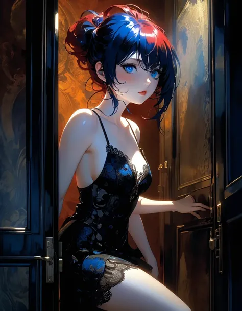 ( score_9, score_8_up, score_7_up), source_anime, absurd_res, white, blue, black, 1girl, solo, super fine illustration, an extremely delicate and beautiful, best quality, masterpiece, 8K, vibrant-red hair, stunning multi-colored eyes, blushing, sexy blackm...