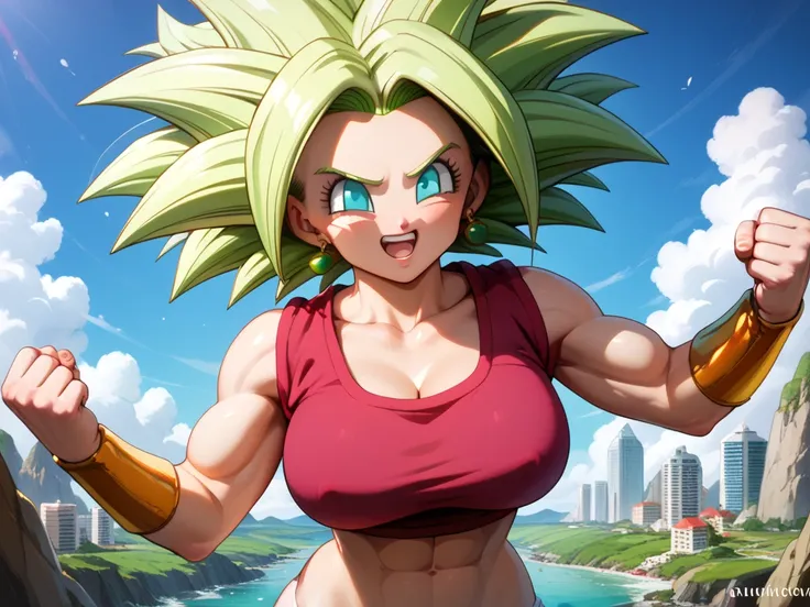 (Black line work )),  detailed line work ,  slender abs, (( Masterpiece)), ((Golden ratio)), ((dynamic)), ((natural)) (( The Best Quality )), (( ultra detailed )), (( kefla dragon ball super )), {1 woman}, { neon green hair }, { super saiyan style}, { styl...