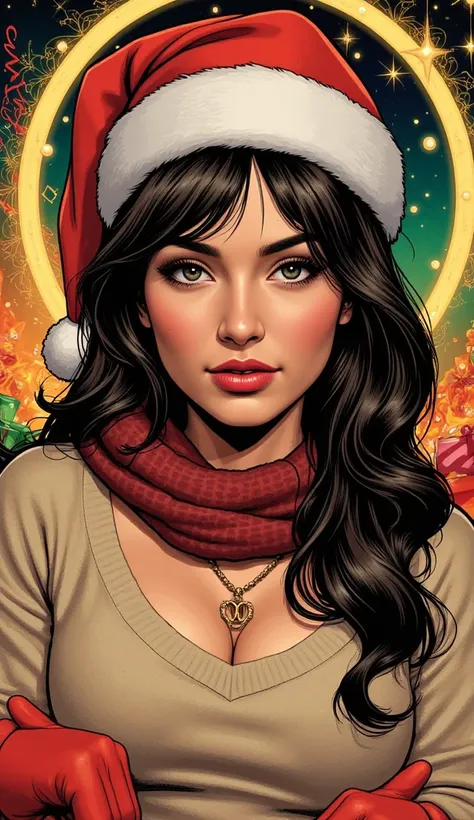 "A beautiful woman with strong yet realistic features in a comic book style, her expression mysterious and serene, reflecting a connection to astrology and zodiac themes. She is dressed in casual yet modest attire, such as a cozy sweater and a warm scarf, ...