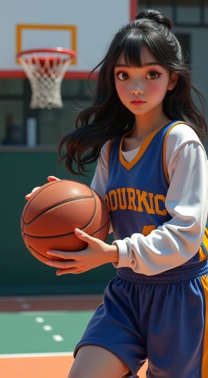 Generate a realistic image of a 25-year-old young digital explorer, has expressive brown eyes and naturally shiny black hair. Its appearance vibrant and authentic, reflecting a mix of curiosity and elegance. Dress in full basketball uniform long shirts sho...