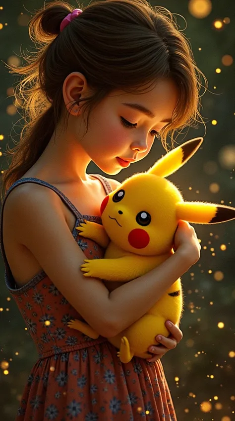 Glos dust background,Young girl and Pikachu, shine,hug