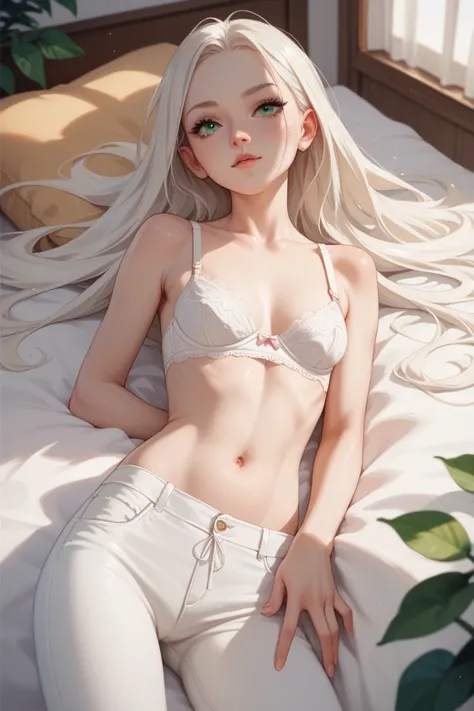 1 girl, age 12 ,  thin skinny pale body, ,  white long hair ,  green eyes . wearing a white bra, she put down her white underpants, The background is dark