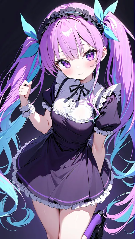 masterpiece, High quality, one teenager anime girl, cyan spiral twin tails hair, cute purple eyes, white smooth skin, d cup size, black maid headband, black and purple lolita dress, short black socks, black short boots, purple socks, cute smile, confident ...