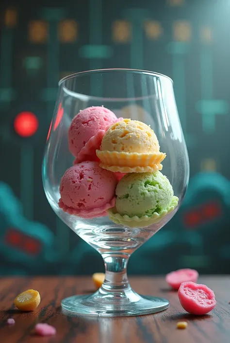 AN IMAGE OF A GLASS CUP WITH THREE ICE CREAM BALLS  , BUT WITH A VIDEO GAME THEME ,  THAT THE CONTAINER LOOKS LIKE AN OLD VIDEO GAME MACHINE, I HOPE ONLY THE CONTAINER 