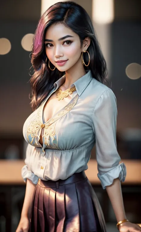 (masterpiece), (extremely intricate:1.3), (realistic), portrait of an Asian girl, she is a teacher, the most beautiful in the world, extra breasts, dark eyebrows, wavy pink hair, doe eyes, sweet look, innocent look, (wearing cute blouse:1.1), long slim ski...