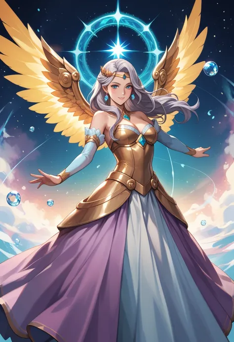 "A majestic queen with flowing silver hair, dressed in a stunning lavender gown with intricate silver and turquoise accents. Her attire features glowing crystalline armor pieces, symbolizing power and elegance. She stands with arms outstretched, exuding an...