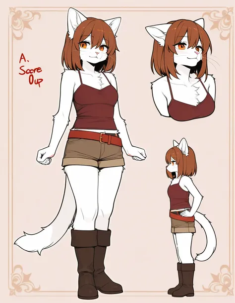 1woman, furry cat, anime, a furry adult cat solo, Captain of the Royal Guards clothes, Captain of the Royal Guard as cat, detailed medieval background, wearing medieval brown camisole, red and white shirt and shorts under camisole, the patch on her right e...