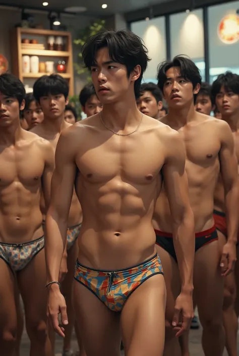 A large group of young Japanese men、Bikini-type small and thin swimsuit、Huge bulge in the crotch、Inside Starbucks Coffee