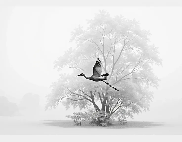 A silhouette of a tropical Indonesian lush mangrove forests island, a crane in flight in the distance, dramatic cloudy sky, highly detailed, photorealistic, 8k, black and white, cinematic lighting, dramatic shadows, atmospheric mist, intricate foliage, det...