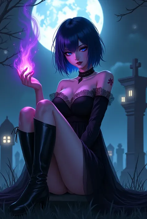 anime,  beautiful woman , Slim body, dark blue short hair ,  bright blue eyes , serious face,  dark shadow around her eyes, black makeup with purple , black gothic dress , sexy black gothic long boots ,  sitting on a grave with her legs crossed,  in her ri...